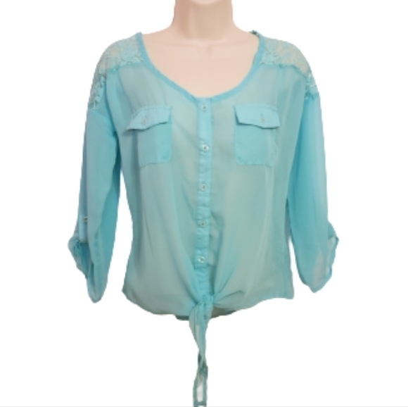 Deb Button Tie Front Chiffon Lace Collar Blouse Aqua Medium - Picture 1 of 12